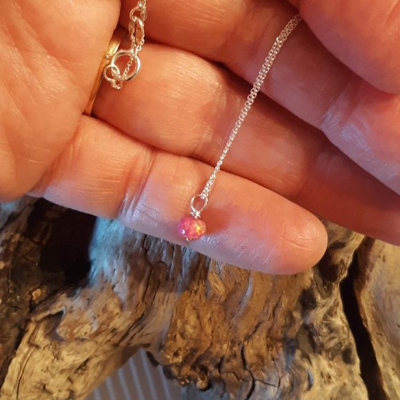 Sterling Silver Pink Welo Opal Drop Necklace 16" - Picture 3 of 4